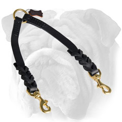Braided leather English Bulldog coupler for walking 2  dogs