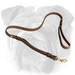 Chic leather English Bulldog leash with braids
