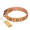 'Sophisticated Glamor' FDT Artisan English Bulldog Tan Leather Dog Collar with Fancy Old-Bronze Plated Decorations