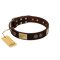 "Bow-Wow Effect" FDT Artisan Brown Leather English Bulldog Collar with Plates and Ornate Studs