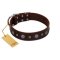 "Pure Sensation" Exclusive FDT Artisan Brown Leather English Bulldog Collar with Fancy Brooches and Studs