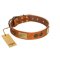 "Bronze Century" FDT Artisan Tan Leather English Bulldog Collar with Plates and Brooches with Cool Ornament
