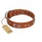 "Egyptian Gifts" Handmade FDT Artisan Tan Leather English Bulldog Collar with Chrome-plated Pyramids