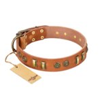 "Natural Beauty" FDT Artisan Tan Leather English Bulldog Collar with Old Bronze-like Circles and Plates