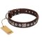 "Pierian spring" FDT Artisan Brown Leather English Bulldog Collar with Silvery Decorations