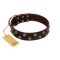 "Blossom Jewel" FDT Artisan Brown Leather English Bulldog Collar with Two Rows of Silver-like Studs with Engraved Flowers