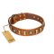 "Happy Hound" FDT Artisan Tan Leather English Bulldog Collar with Elegant Decorations
