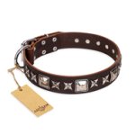 'Perfect Impression' FDT Artisan English Bulldog Brown Leather Dog Collar with Silvery Square Studs - 1 1/2 inch (40 mm) Wide