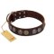 "Treasure Hunter" FDT Artisan Brown Leather English Bulldog Collar with Old-Bronze-like and Silvery Medallions