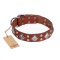 "Magic Squares" FDT Artisan Tan Leather English Bulldog Collar with Silver-like Decor