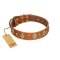 "Venus Breath" FDT Artisan Tan Leather English Bulldog Collar with Vintage Looking Oval and Round Studs