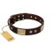 "Middle Age" FDT Artisan Brown Leather English Bulldog Collar with Old Bronze-Plated Engraved Flowers and Large Plates