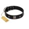 "Black Cavalier" Handmade FDT Artisan Black Leather English Bulldog Collar with Silver-Like Stars and Large Plates