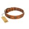 "Call of Feat" FDT Artisan Tan Leather English Bulldog Collar with Old Bronze-like Studs and Oval Brooches