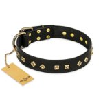 "Rhomb Style" FDT Artisan Decorated Leather English Bulldog Collar with Old Bronze-Plated Studs 1 1/2 inch (40 mm) Wide