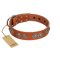 "Woofy Majesty" FDT Artisan Tan Leather English Bulldog Collar with Round Silver-like Plates