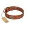 "Great Obelisk" Handcrafted FDT Artisan Tan Leather English Bulldog Collar with Large Plates and Pyramids