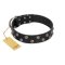 "Power-Flower" FDT Artisan Black Leather English Bulldog Collar with Two Rows of Silver-like Studs with Engraved Flowers