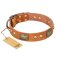 "Saucy Nature" FDT Artisan Tan Leather English Bulldog Collar with Old Bronze Look Plates and Skulls
