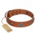 "Foxy Nature" FDT Artisan Tan Leather English Bulldog Collar with Chrome Plated Brooches
