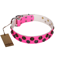 "Glamour Finery" FDT Artisan Female English Bulldog collar of leather with stylish old-looking circles - 1 1/2 inch (40 mm) wide "Glamour Finery" FDT Artisan Female English Bulldog collar of leather with stylish old-looking circles - 1 1/2 inch (40 mm) wide