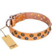 "Precious Sparkle" FDT Artisan Adorned with Brooches Leather English Bulldog Collar - 1 1/2 inch (40 mm) wide