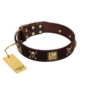 "Crazy Pirate" FDT Artisan Brown Leather English Bulldog Collar with Old Bronze-Plated Skulls and Plates
