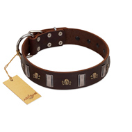 "War Chief" FDT Artisan Genuine Brown Leather English Bulldog Collar with Skulls and Plates