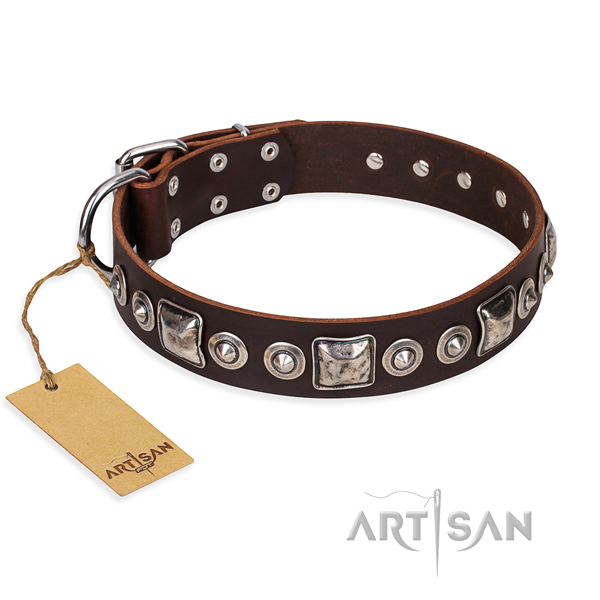 Natural genuine leather dog collar made of top notch material with strong fittings