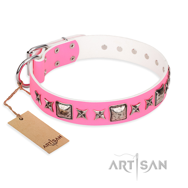 Natural genuine leather dog collar made of gentle to touch material with corrosion proof traditional buckle