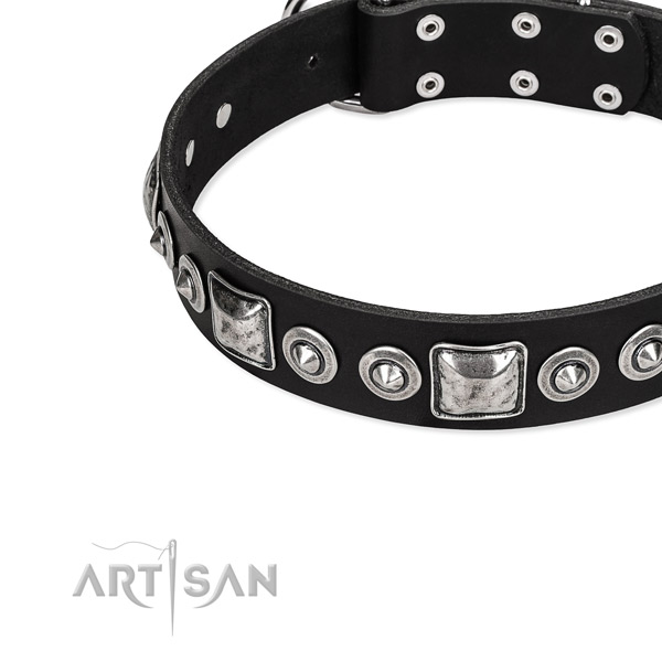 Natural genuine leather dog collar made of gentle to touch material with embellishments