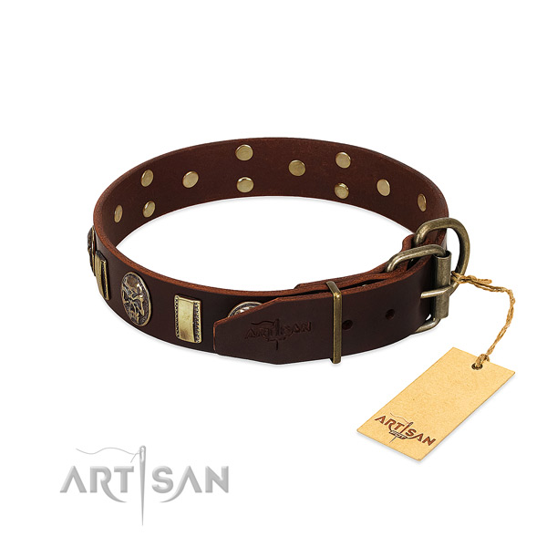 Full grain natural leather dog collar with corrosion resistant buckle and embellishments