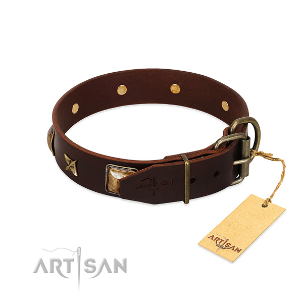 Full grain natural leather dog collar with corrosion resistant D-ring and adornments