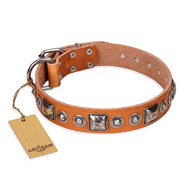 "Era of Future" FDT Artisan Handcrafted Tan Leather English Bulldog Collar with Decorations "Era of Future" FDT Artisan Handcrafted Tan Leather English Bulldog Collar with Decorations