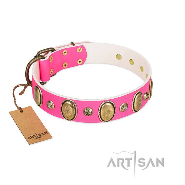 Full grain genuine leather dog collar of soft to touch material with incredible adornments
