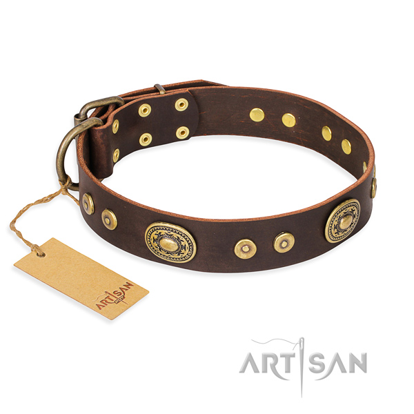 Full grain natural leather dog collar made of reliable material with rust resistant buckle