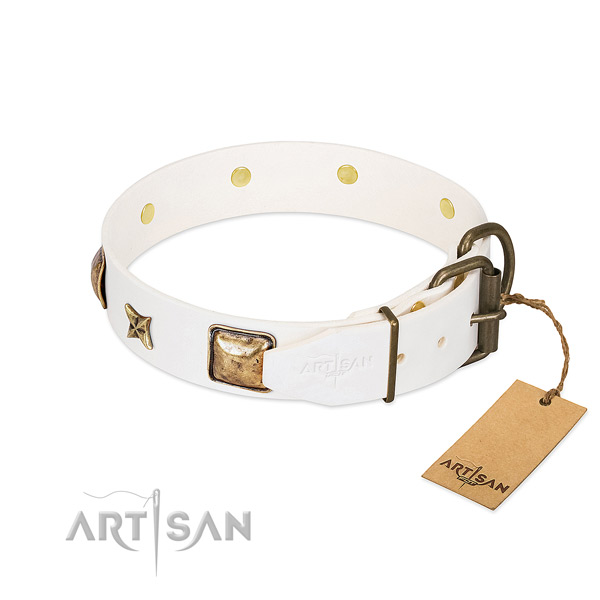 Natural genuine leather dog collar with corrosion proof buckle and studs