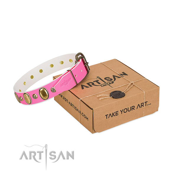 Fashionable genuine leather dog collar with rust resistant traditional buckle