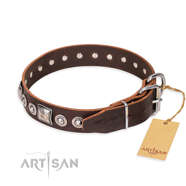 Full grain genuine leather dog collar made of gentle to touch material with reliable decorations