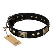 "Biker Style" FDT Artisan Black Leather English Bulldog Collar with Old Bronze Look Plates and Skulls "Biker Style" FDT Artisan Black Leather English Bulldog Collar with Old Bronze Look Plates and Skulls