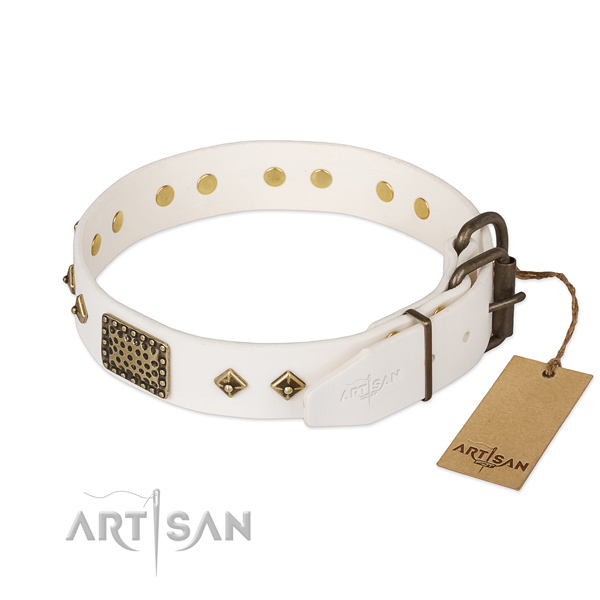 Full grain genuine leather dog collar with reliable traditional buckle and embellishments