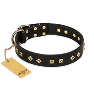 "Rhomb Style" FDT Artisan Decorated Leather English Bulldog Collar with Old Bronze-Plated Studs 1 1/2 inch (40 mm) Wide