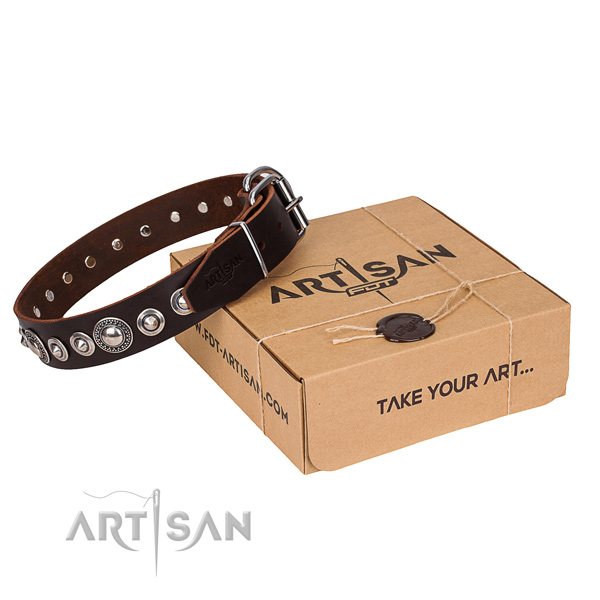 Genuine leather dog collar made of soft material with corrosion resistant hardware