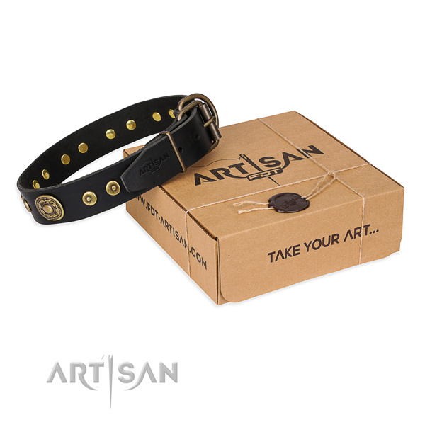 Full grain genuine leather dog collar made of flexible material with rust-proof D-ring