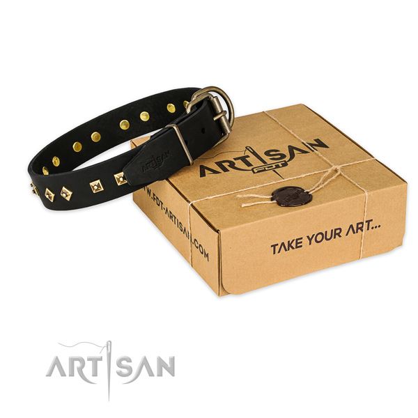 Strong buckle on full grain genuine leather dog collar for everyday use