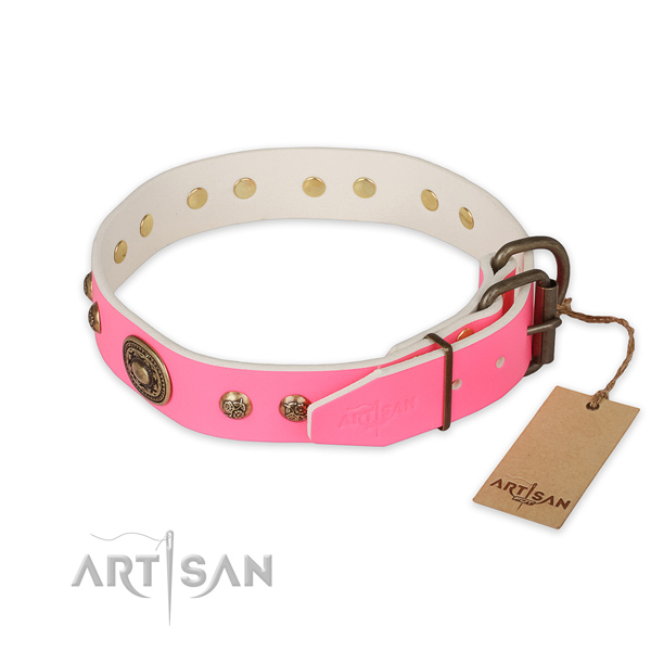 Rust-proof hardware on full grain natural leather collar for fancy walking your doggie