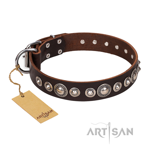 Natural genuine leather dog collar made of gentle to touch material with reliable embellishments