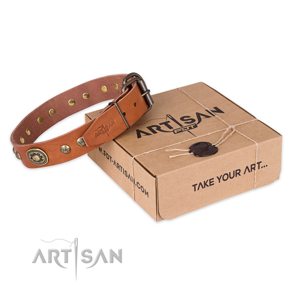 Durable hardware on full grain natural leather dog collar for comfortable wearing