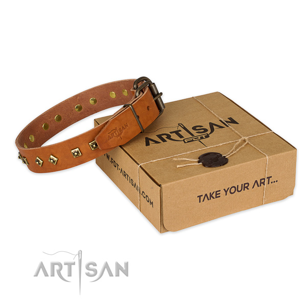 Durable hardware on genuine leather dog collar for comfortable wearing