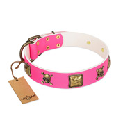 "Wild and Free" FDT Artisan Pink Leather English Bulldog Collar with Skulls and Crossbones Combined with Squares